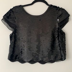 BCBGMAXAZRIA Black Sequin Crop Top with scallop detail - XS
